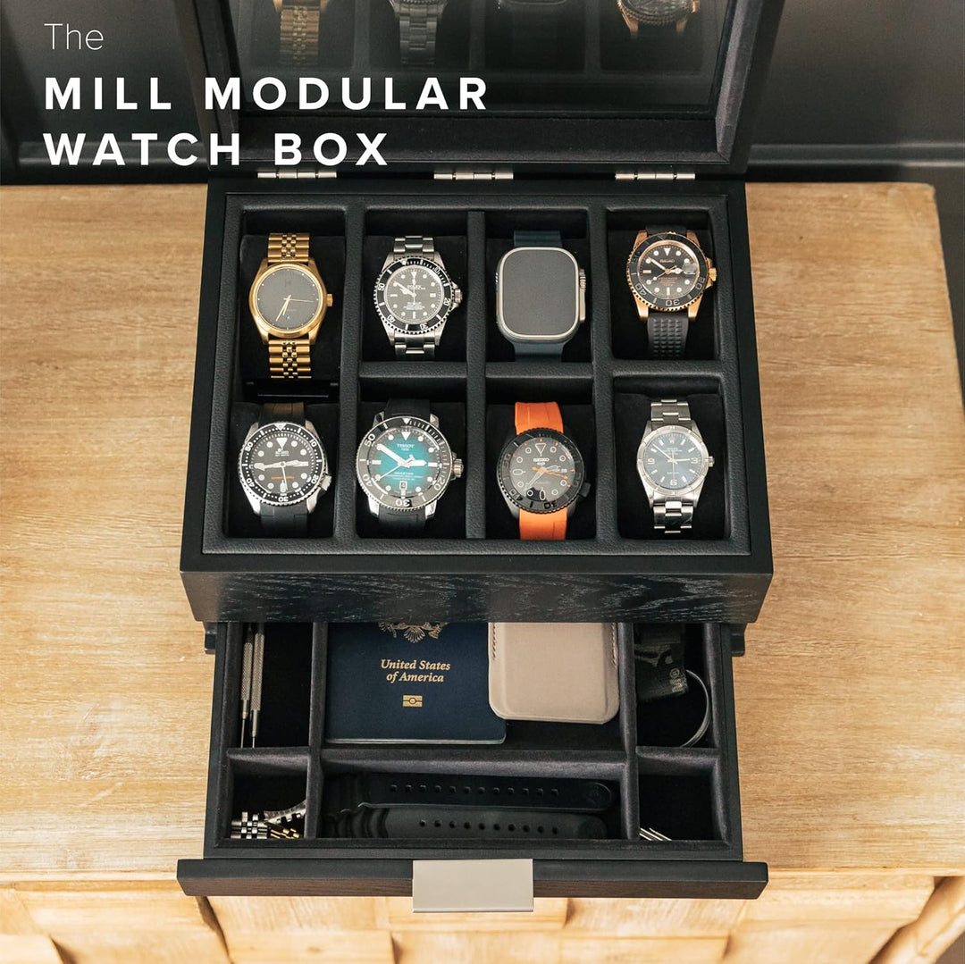 CASE ELEGANCE Uhrenbox mit 8 Fächern für Herren, schwarz, Uhrenvitrine, modulares Valet-Tablett, App