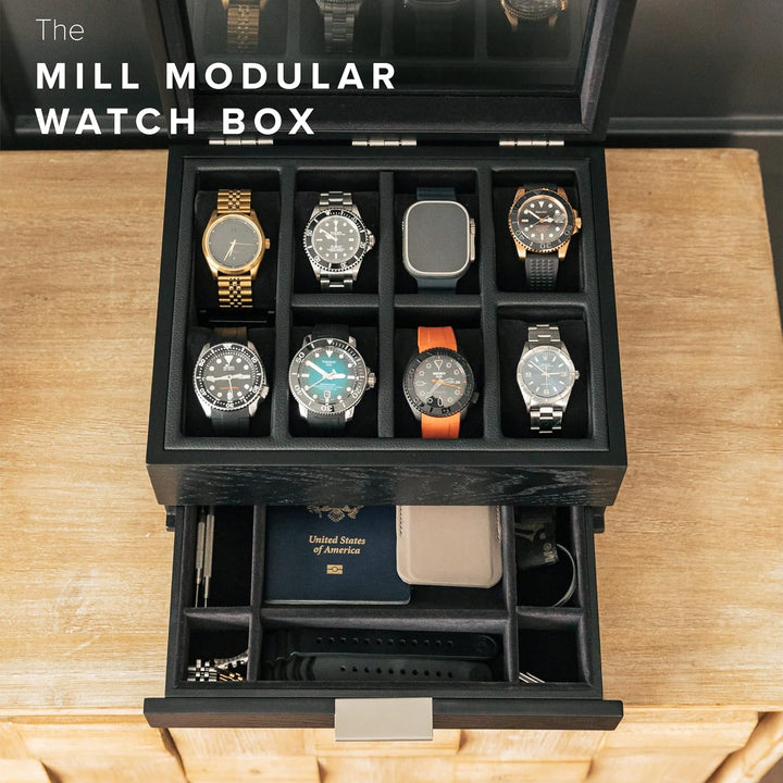 CASE ELEGANCE Uhrenbox mit 8 Fächern für Herren, schwarz, Uhrenvitrine, modulares Valet-Tablett, App