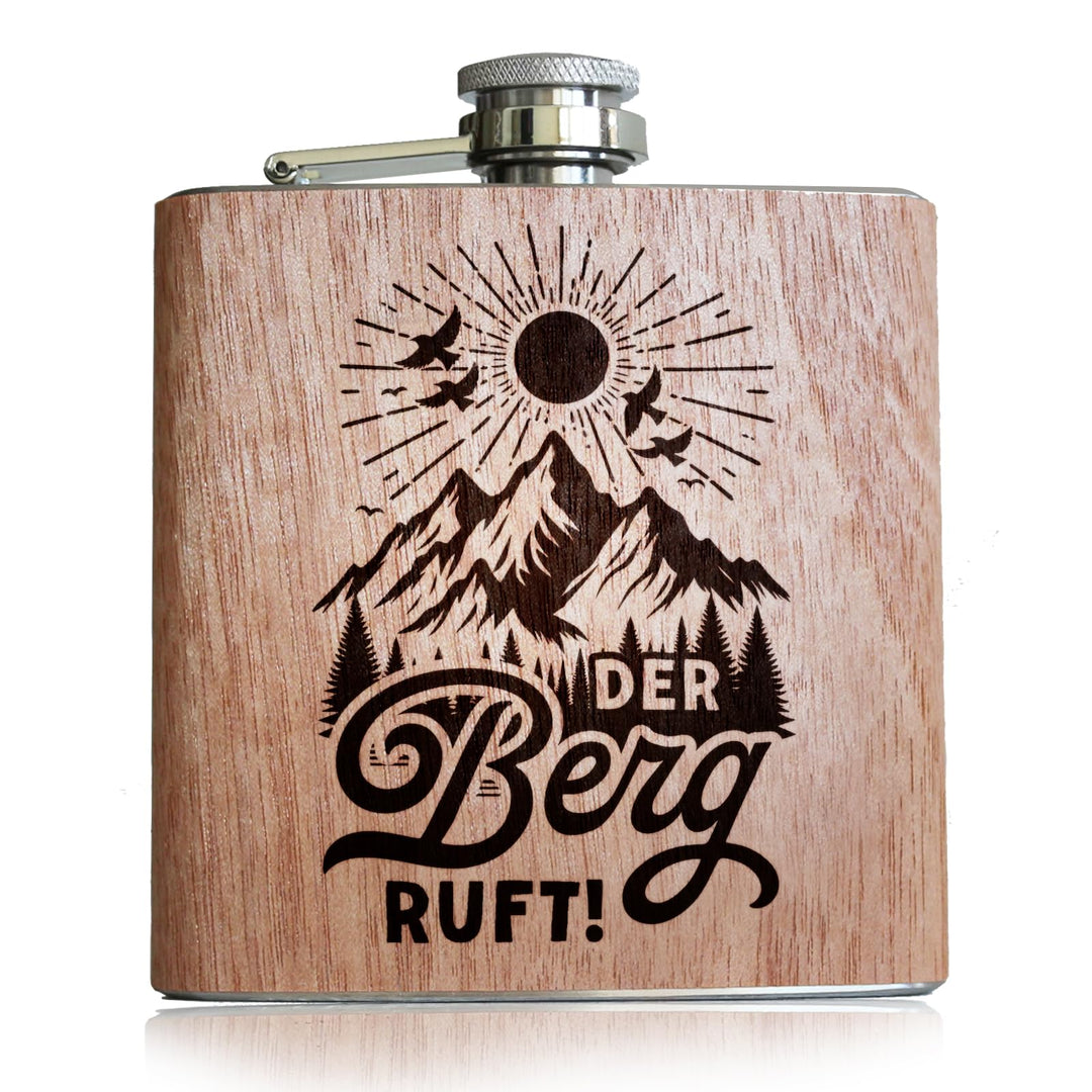 Der Berg ruft Flachmann Holz mit Gravur. Geschenk Ski fahren Flachmann Wandern Accessoires für Gipfe
