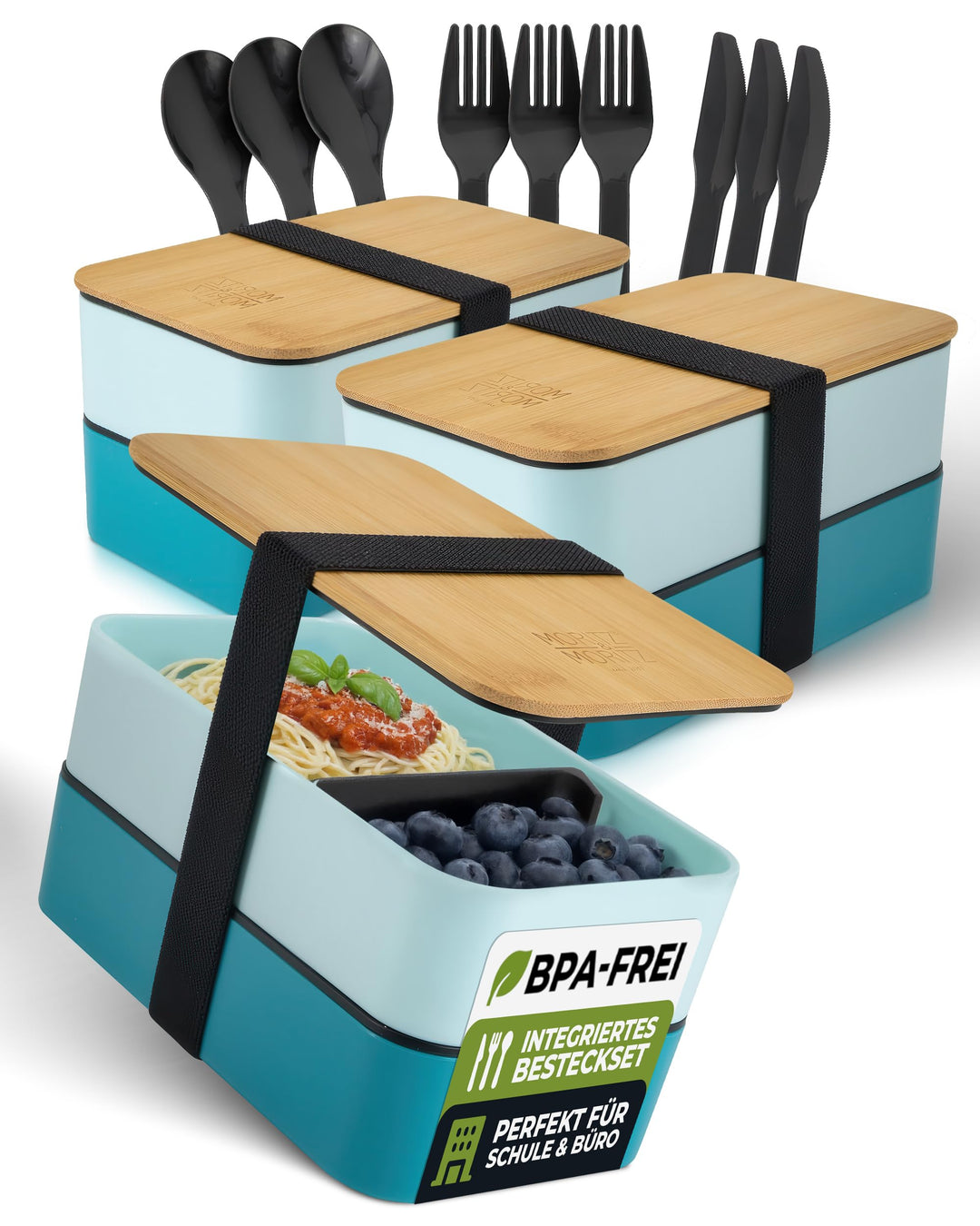 Moritz & Moritz 3er Set Bento Box Kinder in Blau - Perfekte Lunchbox für Kinder und Erwachsene - Bro
