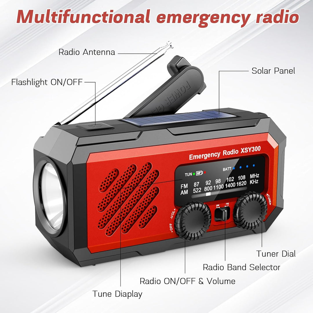 YIKANWEN Tragbares Notfall-Kurbelradio, 2000mAh wiederaufladbare Batterie, AM/FM Kurbelradio mit LED