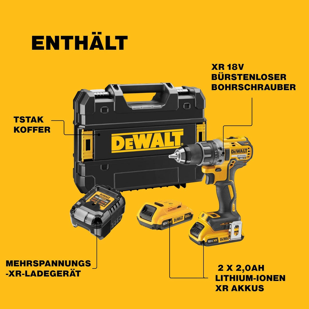DEWALT Akku-Bohrschrauber / Akkuschrauber (18V, 2.0 Ah, bürstenlos, mit Zwei-Gang-Vollmetallgetriebe