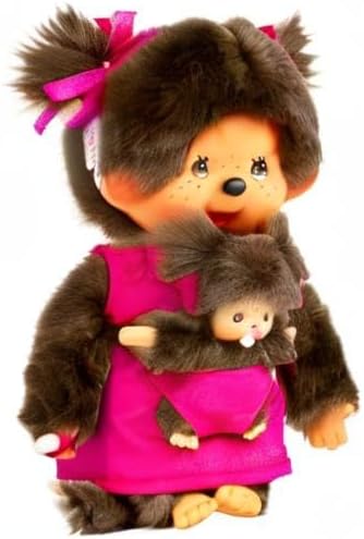 Sekiguchi 236200 - Original Monchhichi Mutter mit Baby, Plüschfigur mit pinkem Kleid und Schleife im