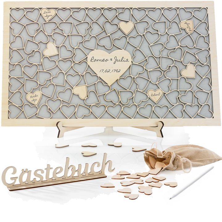 Wedding Gästebuch Hochzeit mit Holzherzen I Perfekt Hochzeitsdeko I 101 Herzen I Holzen Rahmen zum B