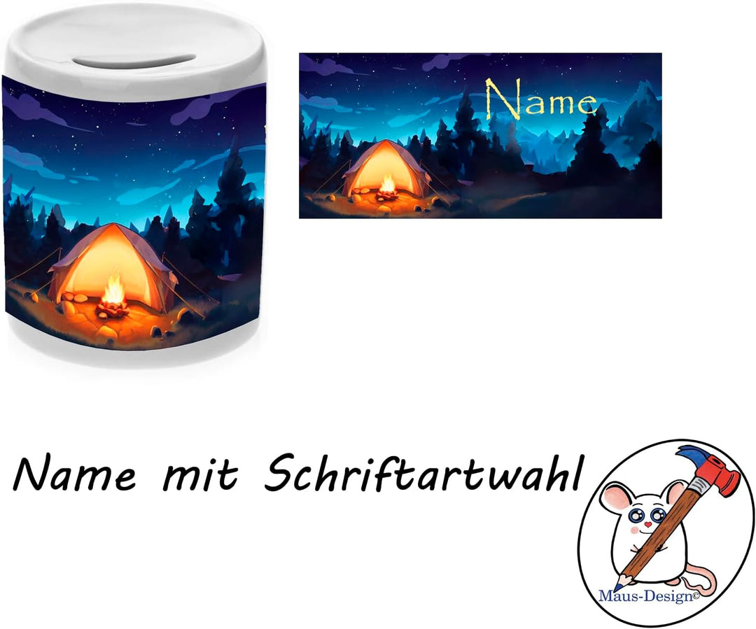 Keramik Spardose mit Personalisierung z.B. Name und Schriftartwahl (Zelt), Zelt