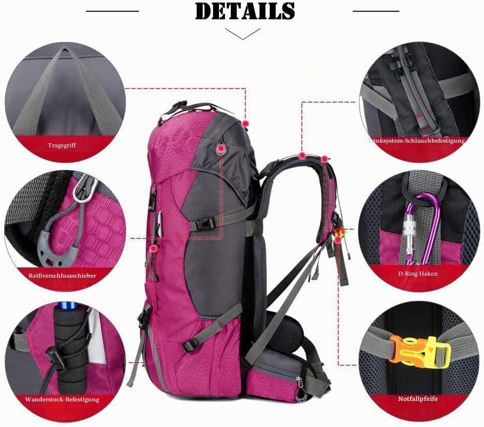Bseash 60L Wasserdichter leichter Wanderrucksack mit Regenschutz, Outdoor Sport Tagesrucksack Multif