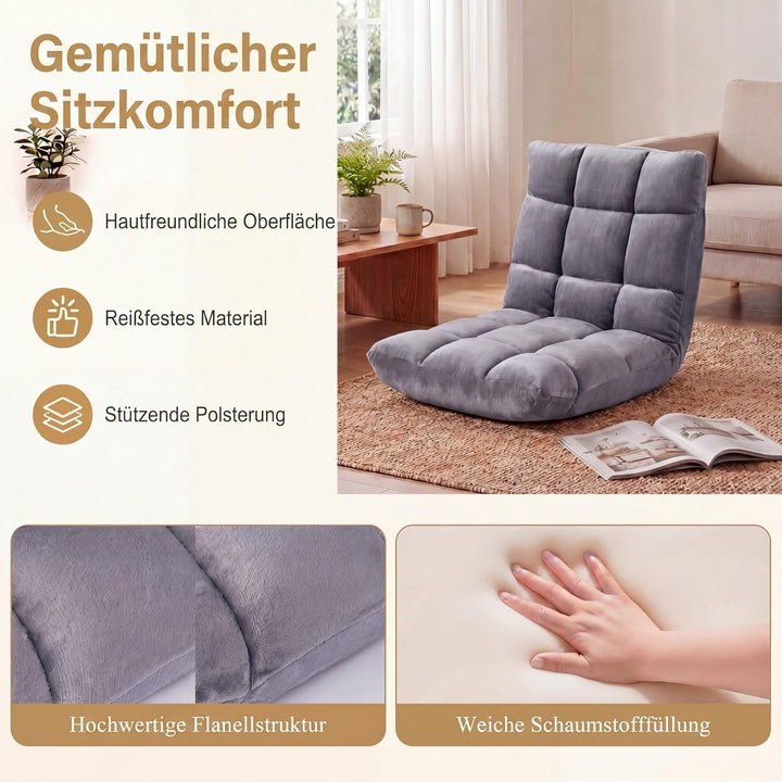 RELAX4LIFE Bodenstuhl klappbar, Bodensessel mit Liegefunktion (Grau) | Bodensitz mit Verstellbarer R