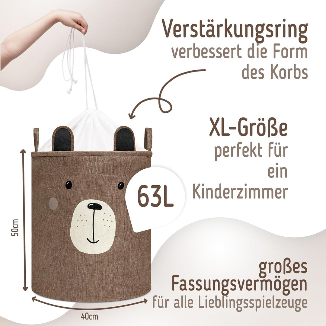 SIPO Spielzeugkorb Premium, XXL 63L, Brown Bear, Faltbarer Spielzeug Organizer mit Kordelzug, Wasser