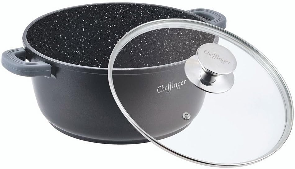 Cheffinger Kochtopf Aluguss Induktion Ø32cm Suppentopf Pfanne Topf Deckel Brattopf Schwarz, CF-DC32