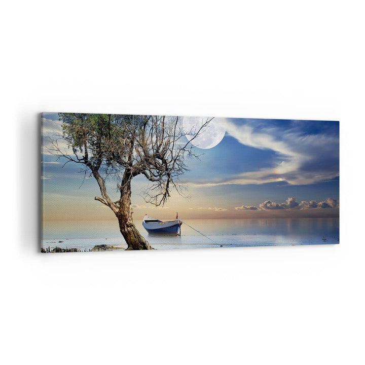 Wandbilder Dekoration Wohnzimmer Nacht Mond Boot Panorama Bilder auf Leinwand 120x50cm Leinwandbild