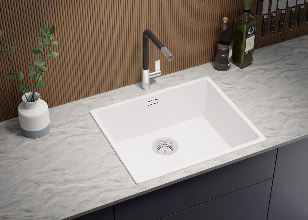 Spülbecken Weiss 56 x 47 cm, Granitspüle + Siphon Klassisch, Küchenspüle ab 60er Unterschrank, Einba