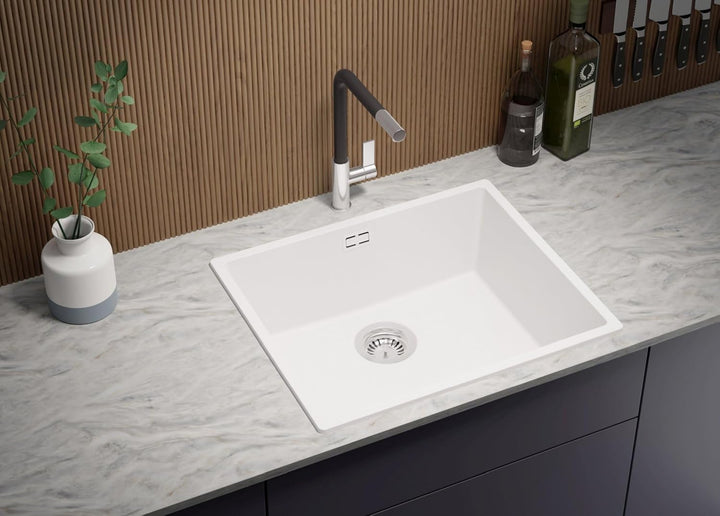 Spülbecken Weiss 56 x 47 cm, Granitspüle + Siphon Klassisch, Küchenspüle ab 60er Unterschrank, Einba