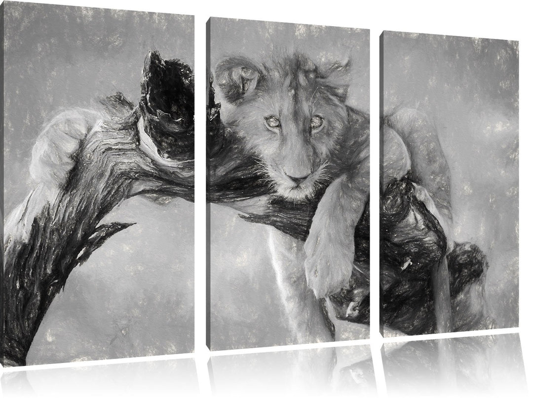 Pixxprint Junger Löwe in der Natur Kunst Kohle Effekt 3-Teiler Leinwandbild 120x80 Bild auf Leinwand