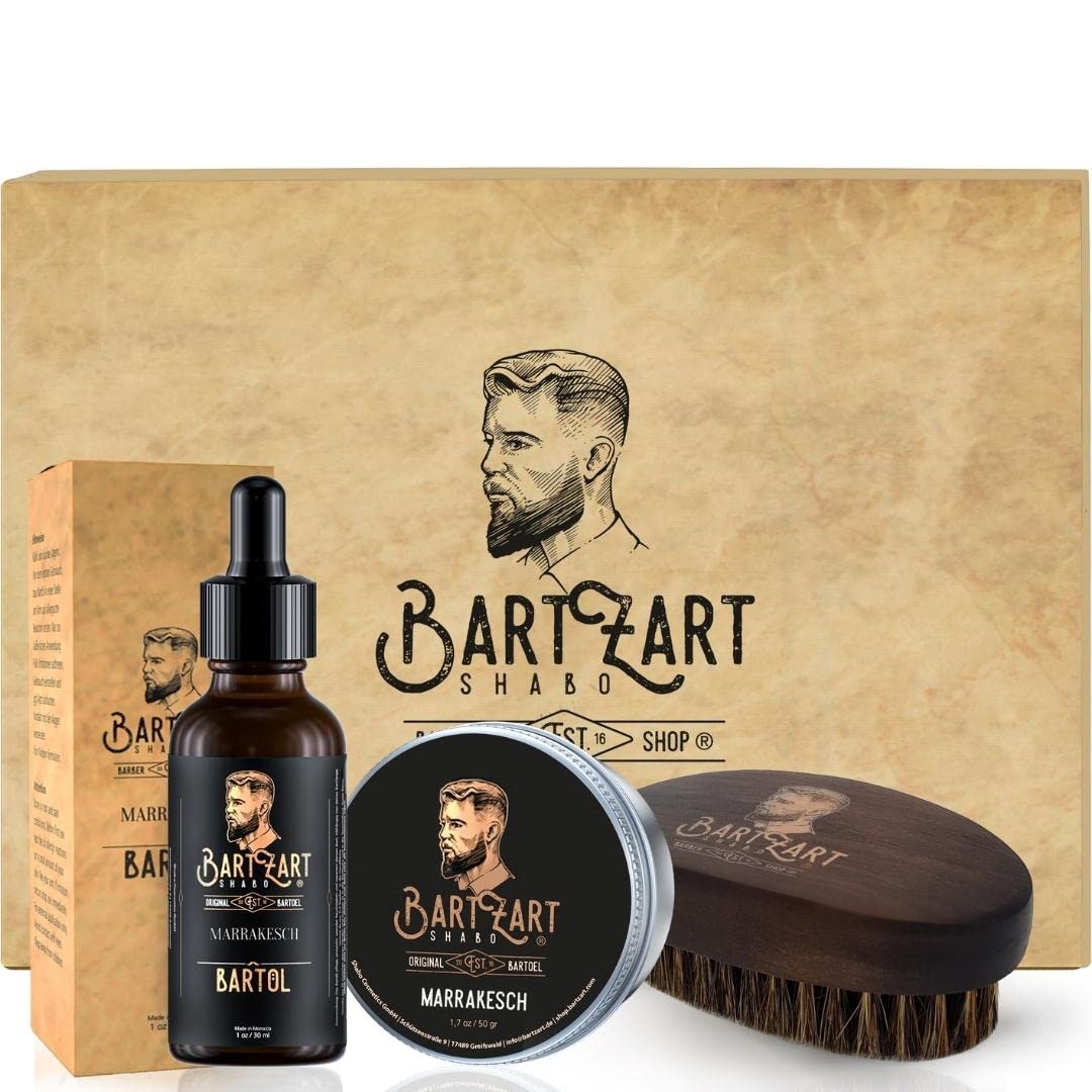 BartZart Shabo Bartbürste Set aus hochwertigem Bartöl mit Zedernholz, natürliches Bart Balsam & Bart