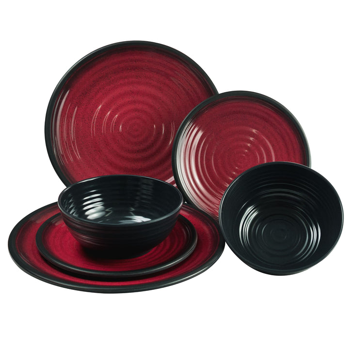 Melamin Geschirr Set Rot Schwarz 2 Personen 6 Teile Tonoptik Camping modern 6 Teile - Geschirr, 6 Te