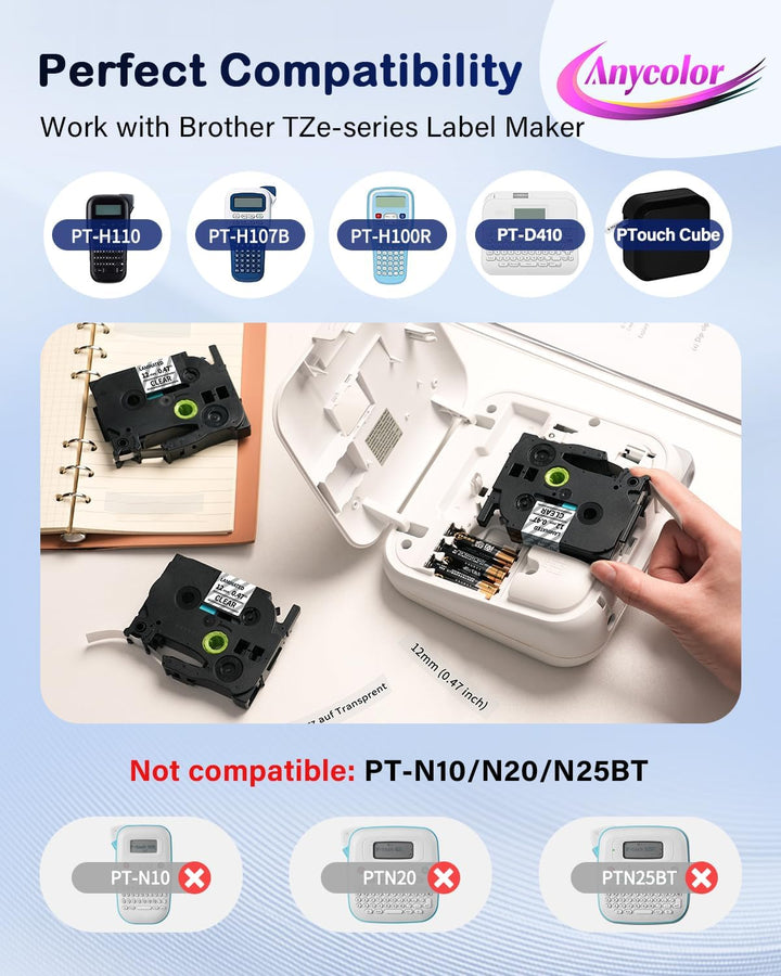 Anycolor TZe-131 12mm Clear Laminated Schriftband kompatibel mit Brother P-touch Bänder Transparent