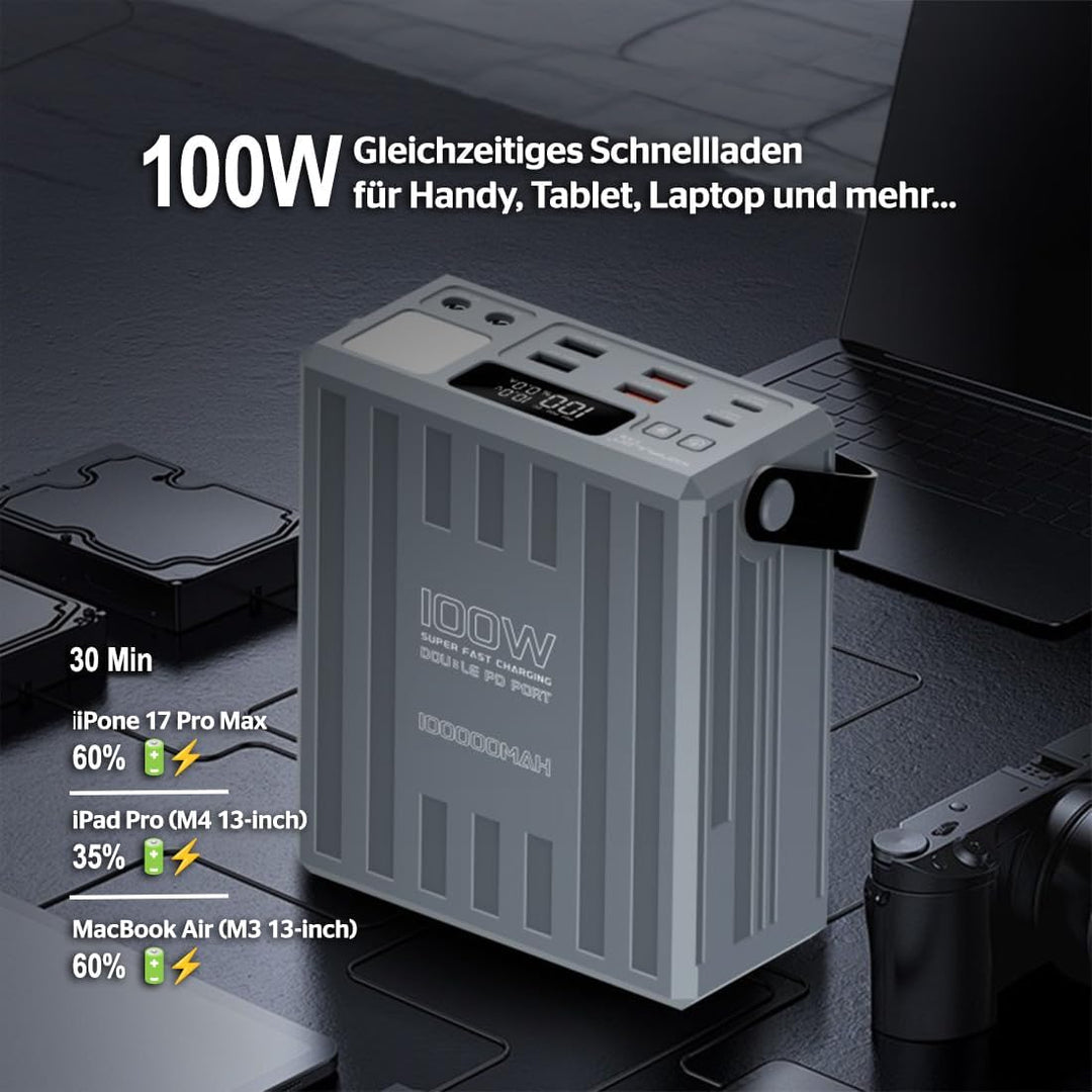 KONFULON Powerbank 100000mAh (370Wh, ca. 350Wh nutzbar) – 100W Schnellladefunktion, USB-C PD & DC-An
