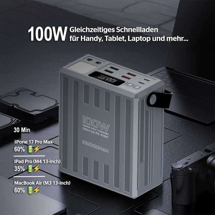KONFULON Powerbank 100000mAh (370Wh, ca. 350Wh nutzbar) – 100W Schnellladefunktion, USB-C PD & DC-An