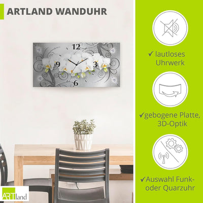 ARTLAND Wanduhr ohne Tickgeräusche Alu Quarzuhr lautlos 50x25 cm Rechteckig Blumenbilder Orchideen A