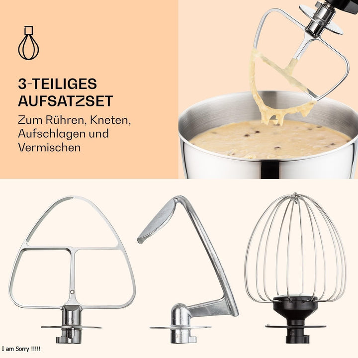 Klarstein Bella Küchenmaschine - Knetmaschine mit 6 Geschwindigkeitsstufen, Rührmaschne aus Edelstah