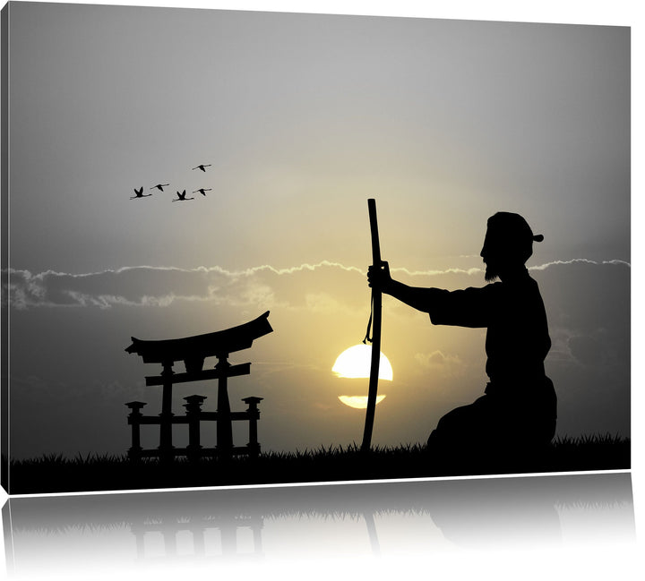 Pixxprint Alter Samurai-Meister vor Horizont B&W Detail, Format: 100x70 auf Leinwand, 100x70