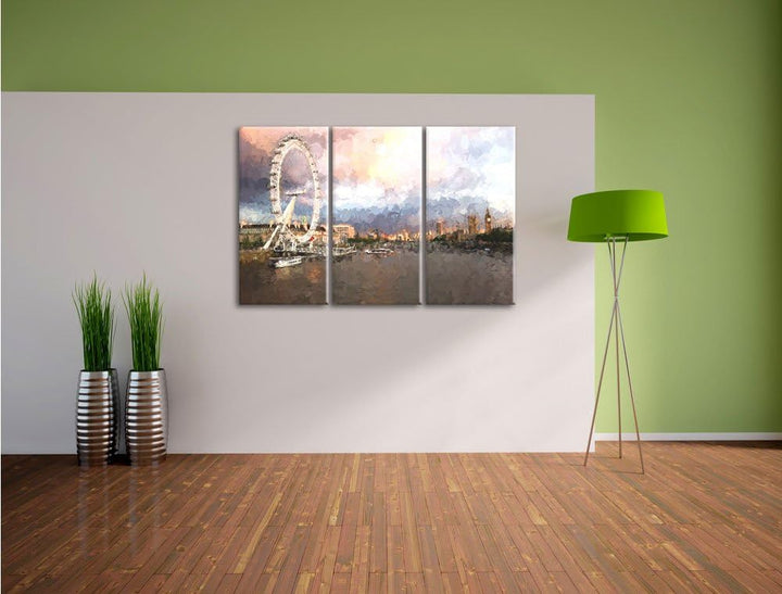Pixxprint Riesenrad, London Eye Malerei Effekt 3-Teiler Leinwandbild 120x80 Bild auf Leinwand