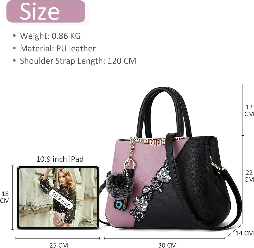 DIRRONA Handtasche Damen Gross – Umhängetasche & Tote Bag mit Blumenstickerei und Pom-Pom-Dekoration