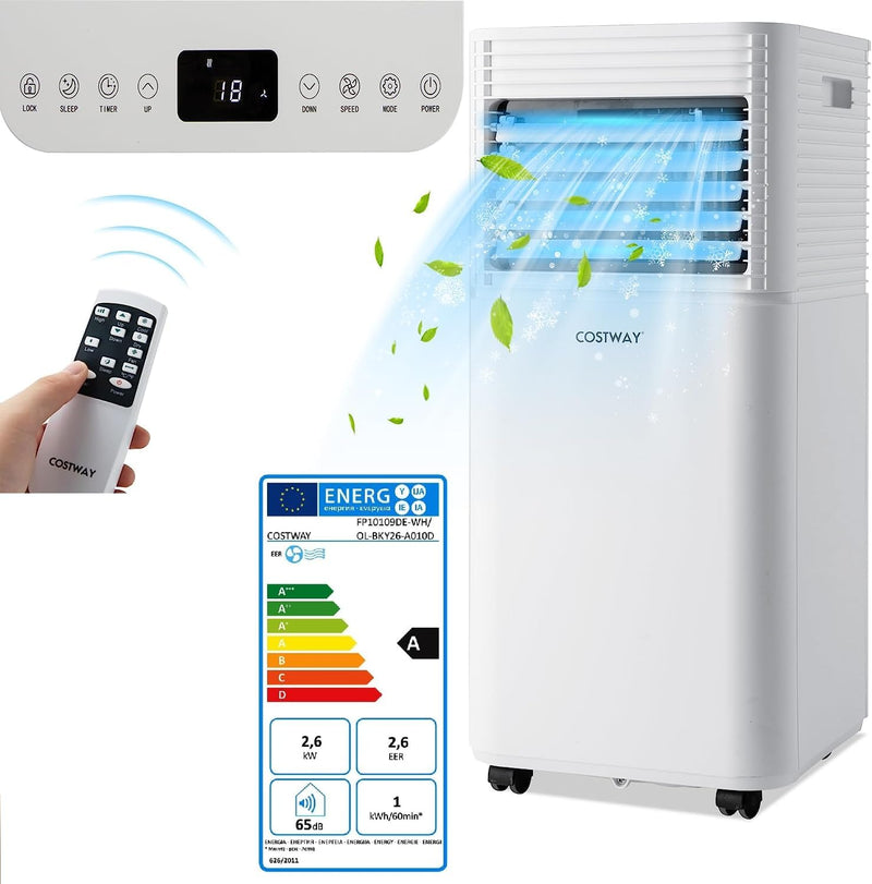 COSTWAY Mobile Klimaanlage für Räume bis zu 60-75 m³(20-25 m²), 9000 BTU, 2,6KW, Kühlen&Ventilieren&