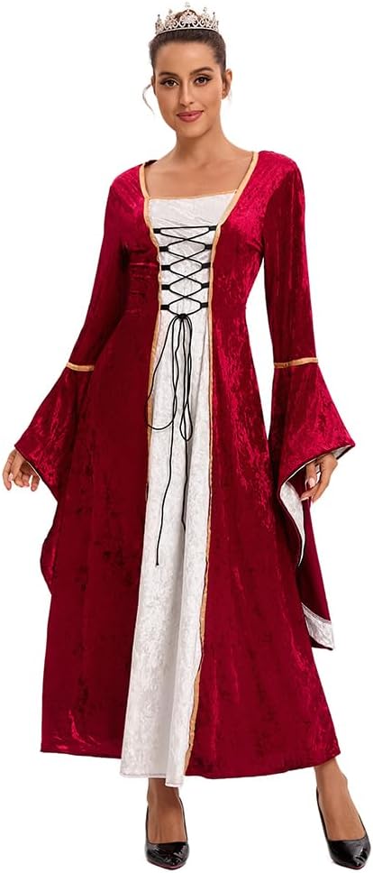 Damen Retro Mittelalter Kleid mit Trompetenärmel, Mittelalterliche Viktorianischen Königin Kleider R