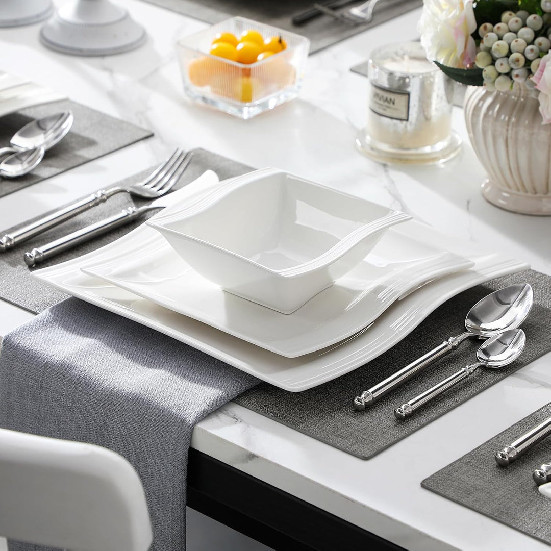 MALACASA, Serie FLORA, 18-teilig Weiss Porzellan Tafelservice Kombiservice Geschirrset, je 6 Speiset