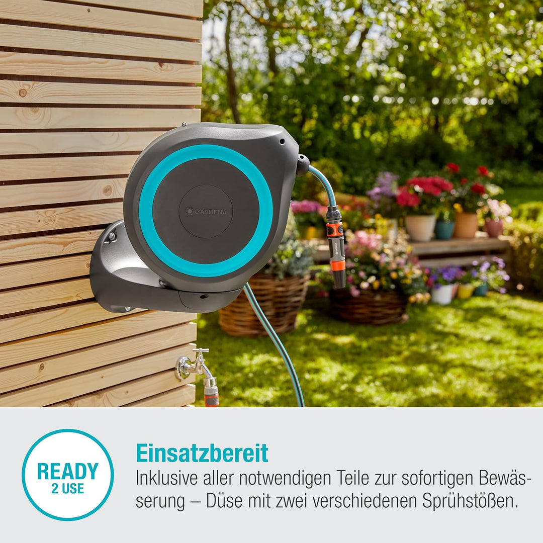 Gardena Wand-Schlauchbox RollUp S (türkis) 15 m: Flexible Bewässerung für kleine Gärten, schwenkbare