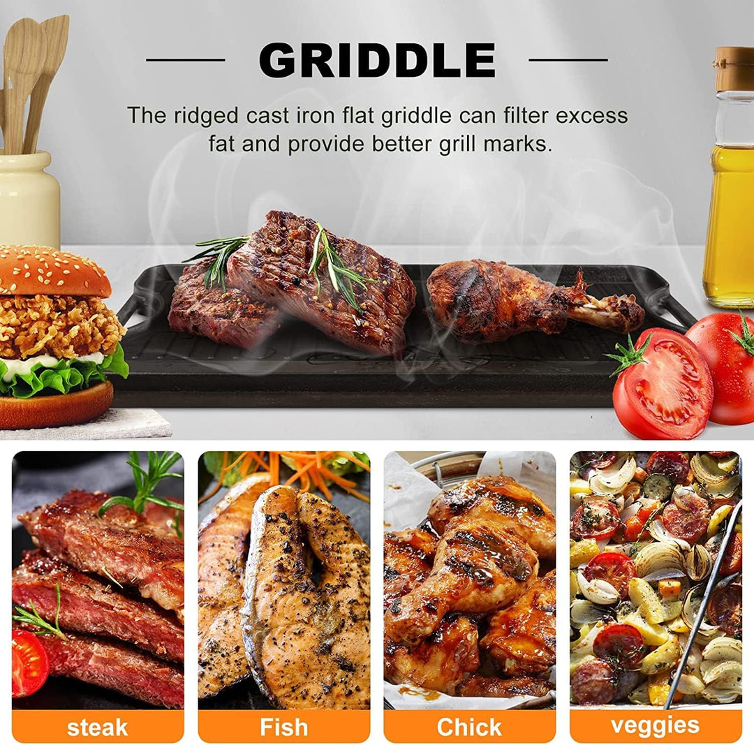 GFTIME Gusseisen Antihaft Grillplatten 50,8 x 26,5cm für Ofen, Herd & Grill, Doppelseitige Gusseisen