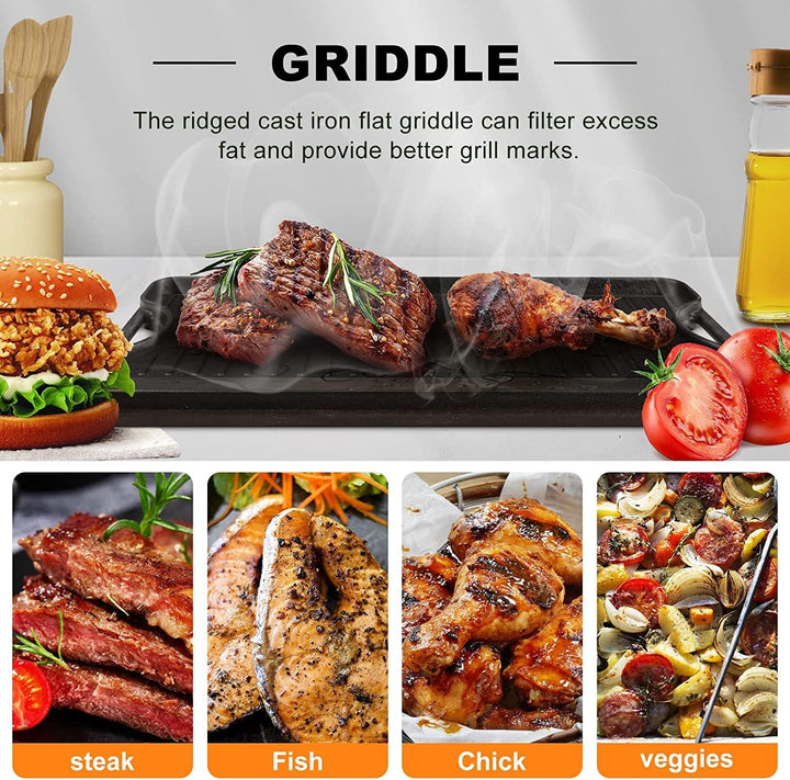 GFTIME Gusseisen Antihaft Grillplatten 50,8 x 26,5cm für Ofen, Herd & Grill, Doppelseitige Gusseisen