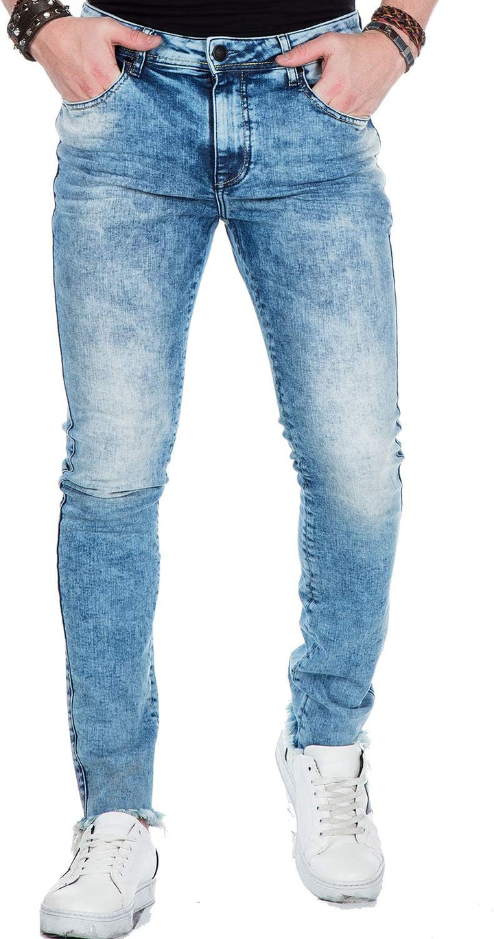 Cipo Baxx Herren Used Jeans Hose Frayed-Legs Slim Fit Design Hose Blau W42 L34