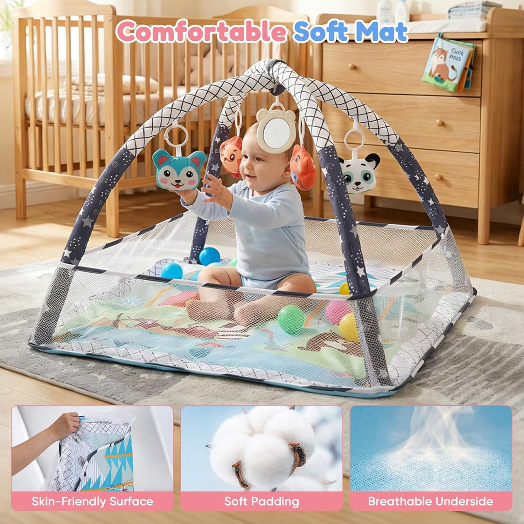 Baby-Spielmatte & Activity-Center mit integriertem Schutzrand, Spielzeug, Spiegel und Bällen – Boden
