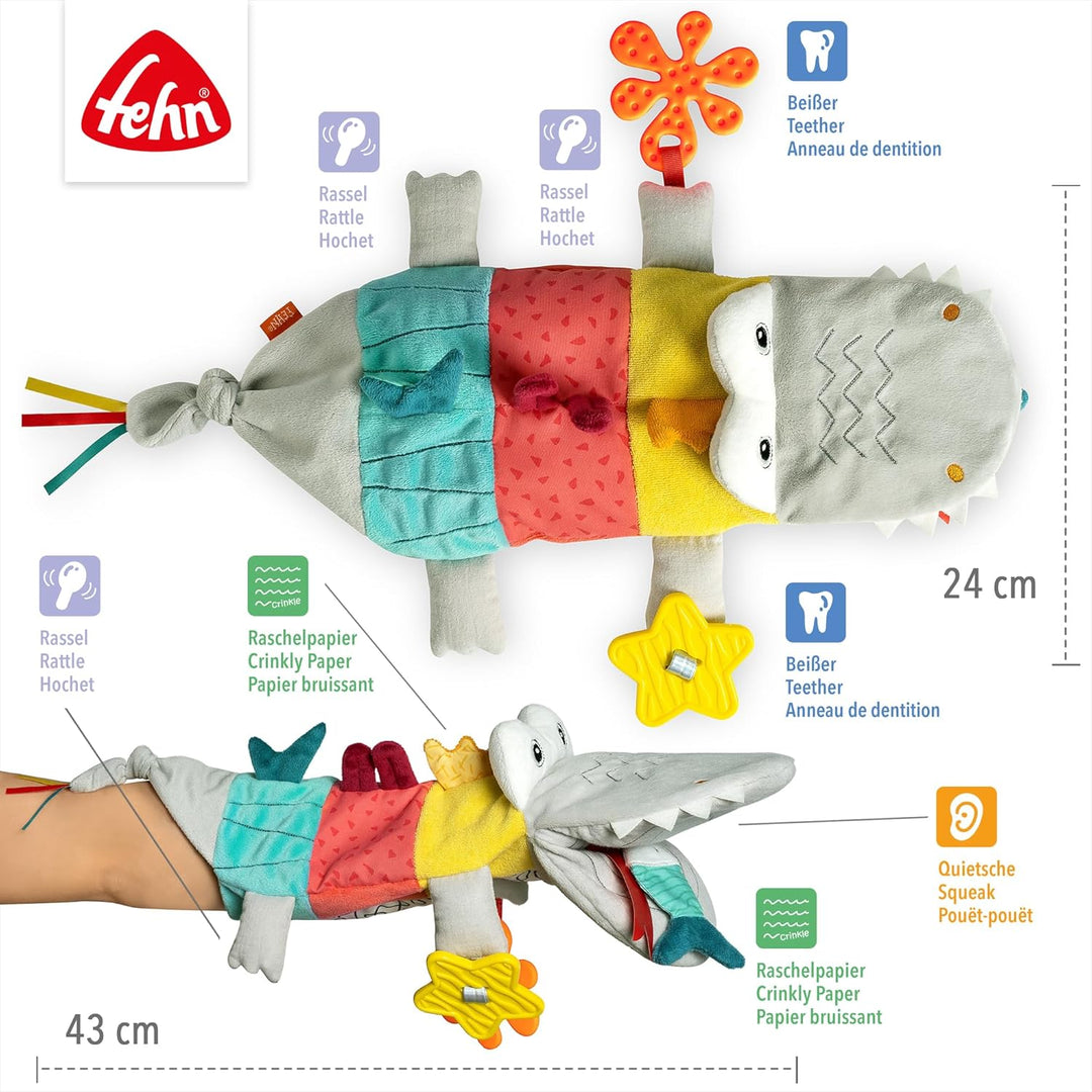Fehn Handpuppe Baby Spielzeug Krokodil - Kuscheltier mit Rassel, Raschelpapier, Beisser und Quietsch