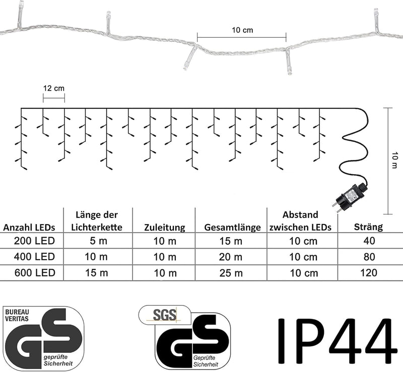 Gresonic 200er LED 5m Eisregen Lichterkette Lichtervorhang Eiszapfen Aussen Innen Deko Strombetriebe