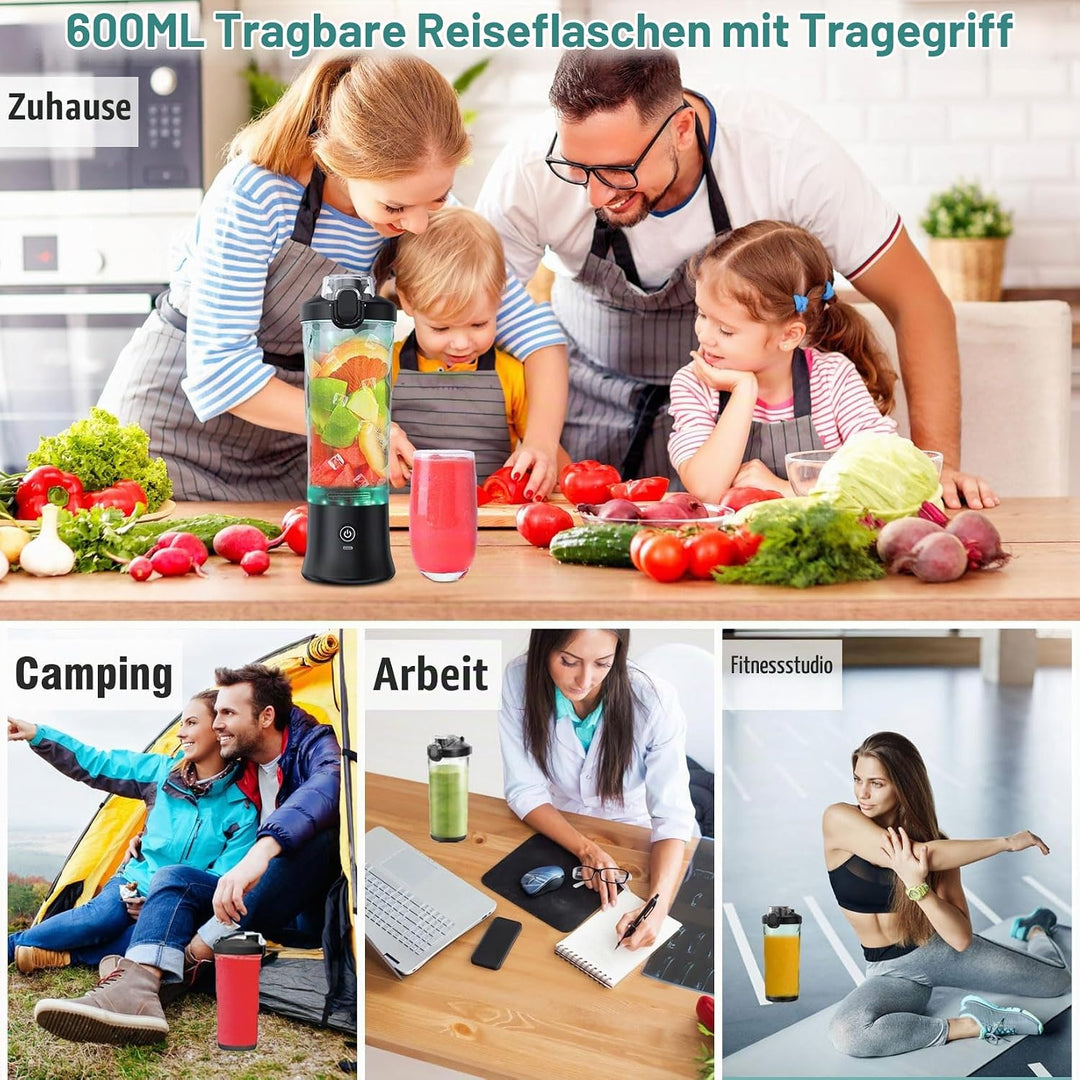 Tragbarer Mixer 600ml Smoothie Maker to Go, Tragbarer Entsafter mit 6 Klinge und USB Wiederaufladbar