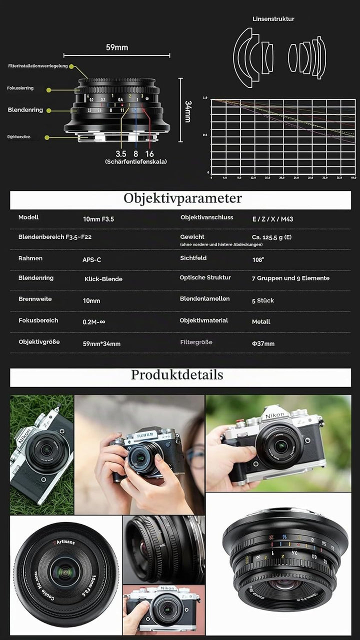 7Artisans 10mm F3.5 Pancake Ultraweitwinkel for Sony E-Mount Objektiv, APS-C manueller Fokus, 108°,1