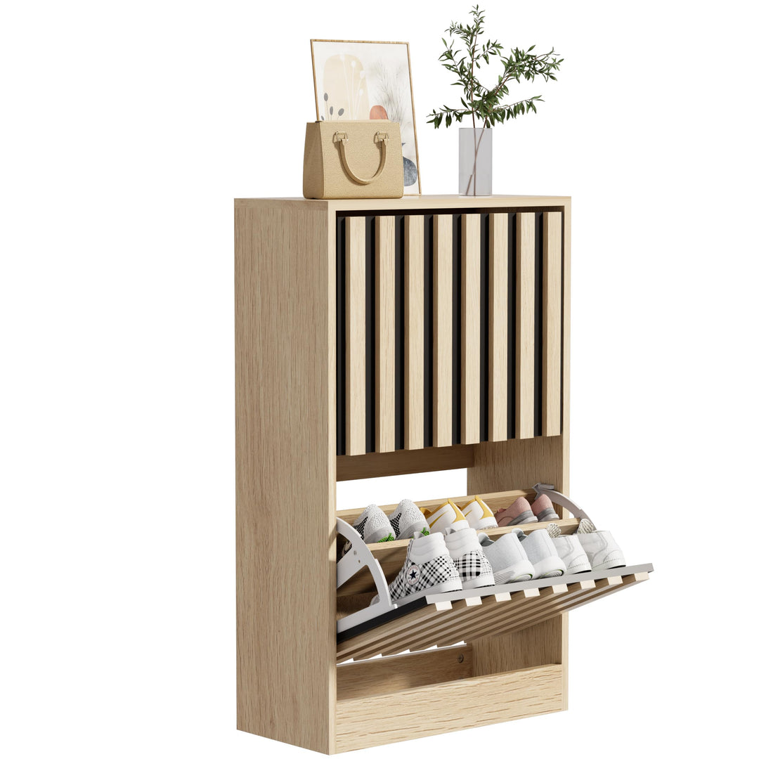 UEV Schuhschrank mit 2 Klappen Holz, Schuhregal Schmal (Natur+Schwarz) | Schuhkipper mit Kippschutz