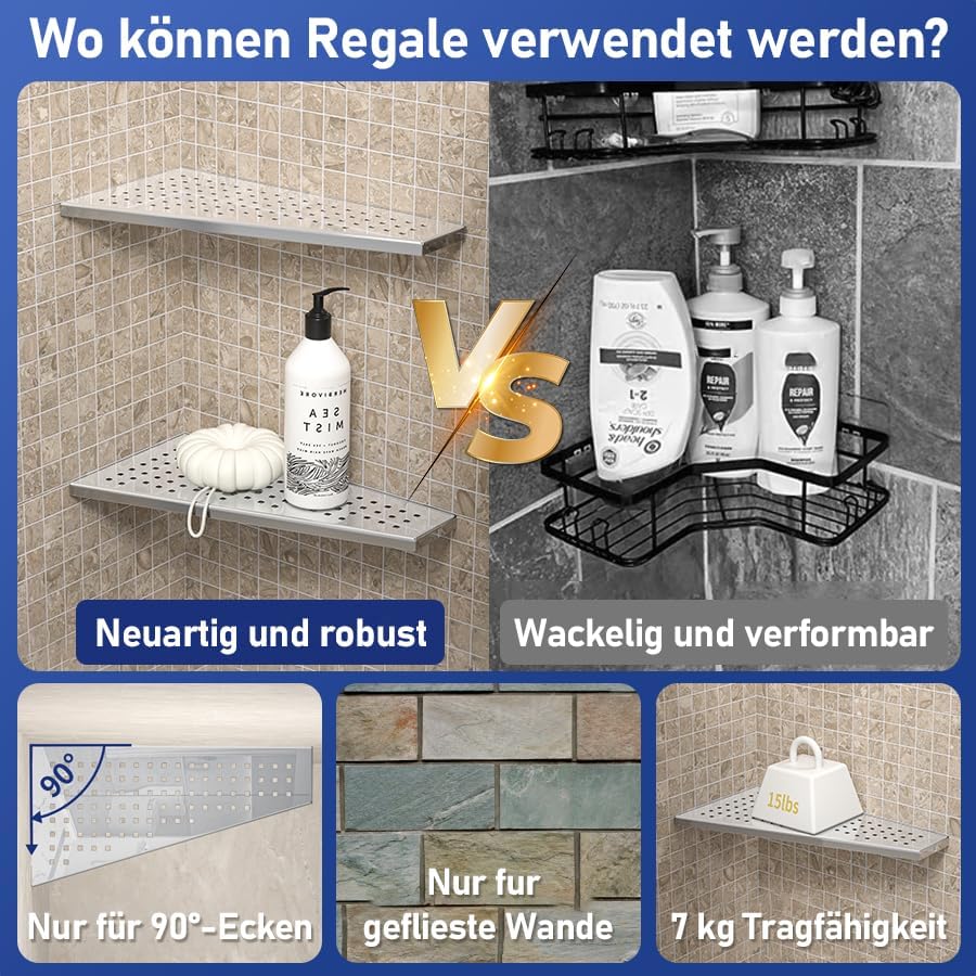 Wandablage 304 Edelstahl, Duschablage ohne Bohren mit Quadratloch | Modernes Schwebendes Design für