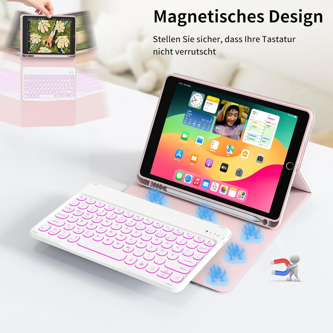 aoub Hülle mit Tastatur für iPad 9./ 8. / 7. Generation, Beleuchtete Tastatur mit Hülle für iPad 10,