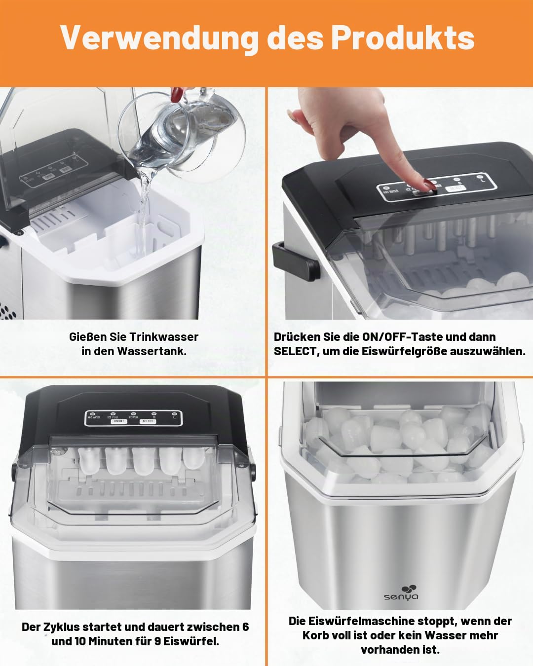 SENYA Eiswürfelmaschine, 2 Eiswürfelgrössen, bis zu 12 kg in 24 Stunden, Tank 1,3 l – LED-Display –
