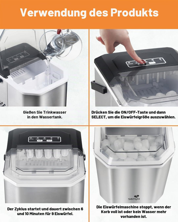 SENYA Eiswürfelmaschine, 2 Eiswürfelgrössen, bis zu 12 kg in 24 Stunden, Tank 1,3 l – LED-Display –