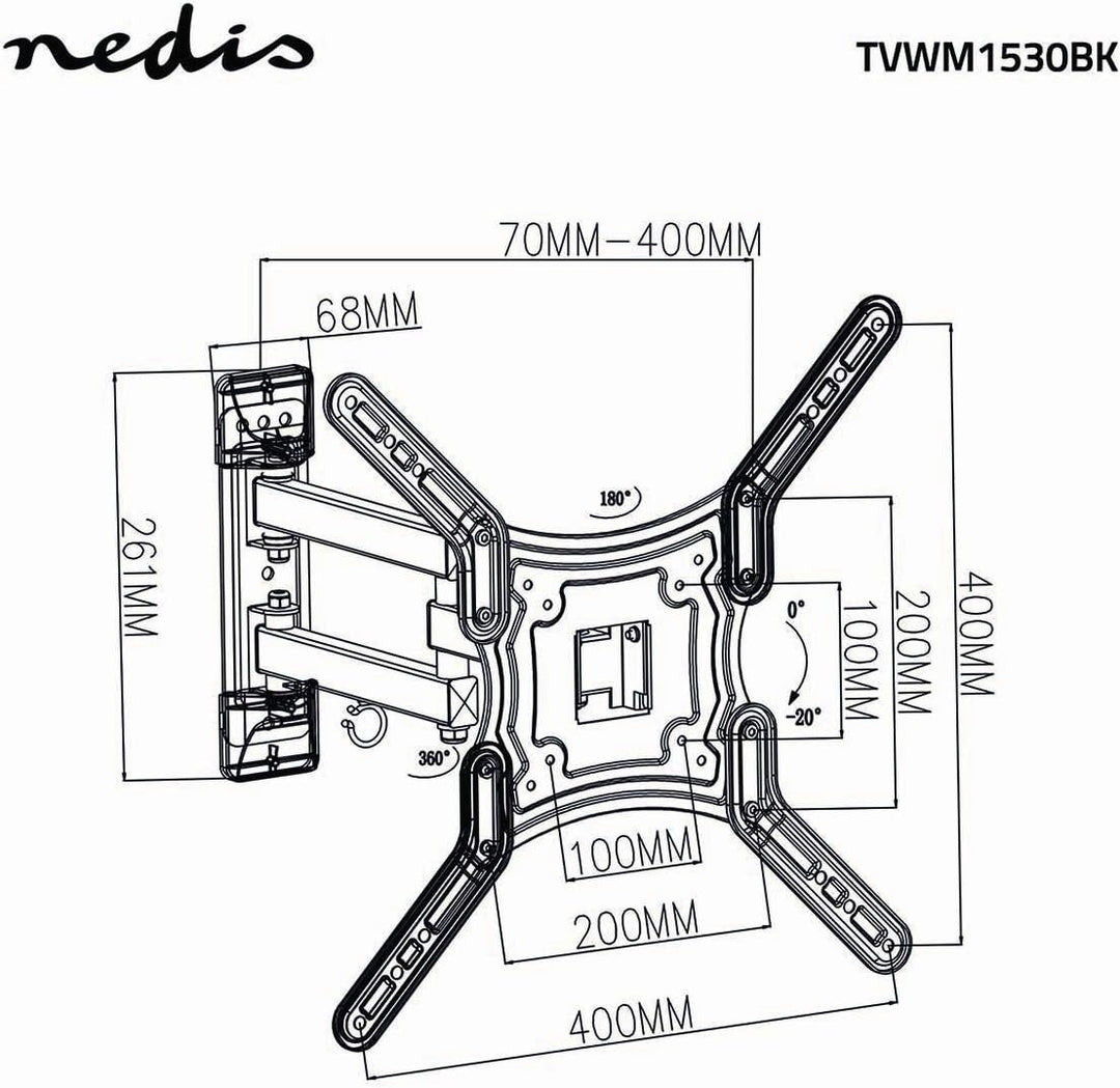 Nedis- Vollbewegliche TV-Wandhalterung - 23 - 55" - Max. 30 kg - 3 Drehpunkte - Drehwinkel: 180 ° -