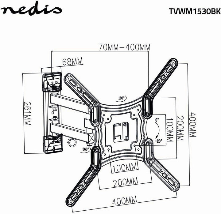 Nedis- Vollbewegliche TV-Wandhalterung - 23 - 55" - Max. 30 kg - 3 Drehpunkte - Drehwinkel: 180 ° -