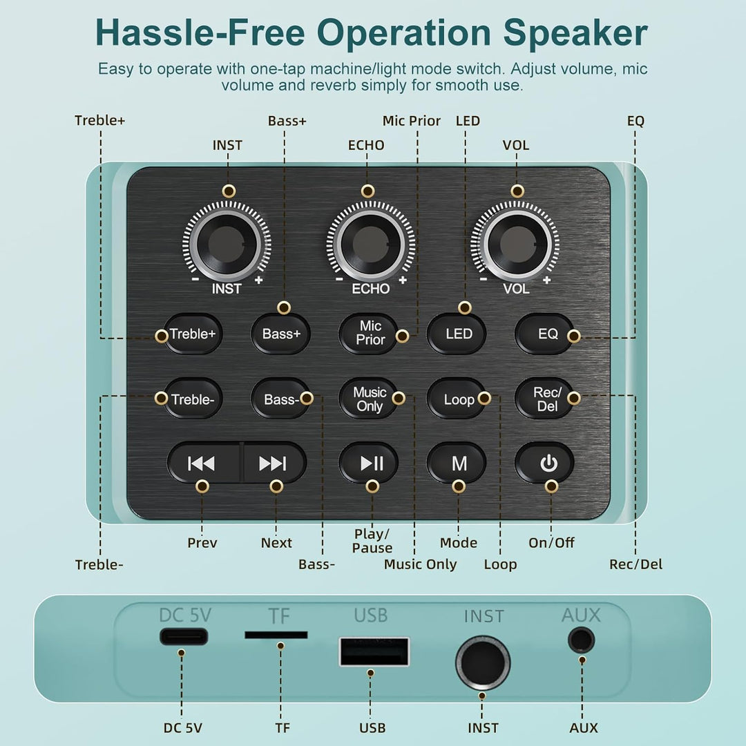 Karaoke-Anlage mit 2 drahtlosen Mikrofonen, tragbarer Bluetooth-Lautsprecher mit Mikrofon, kompakter