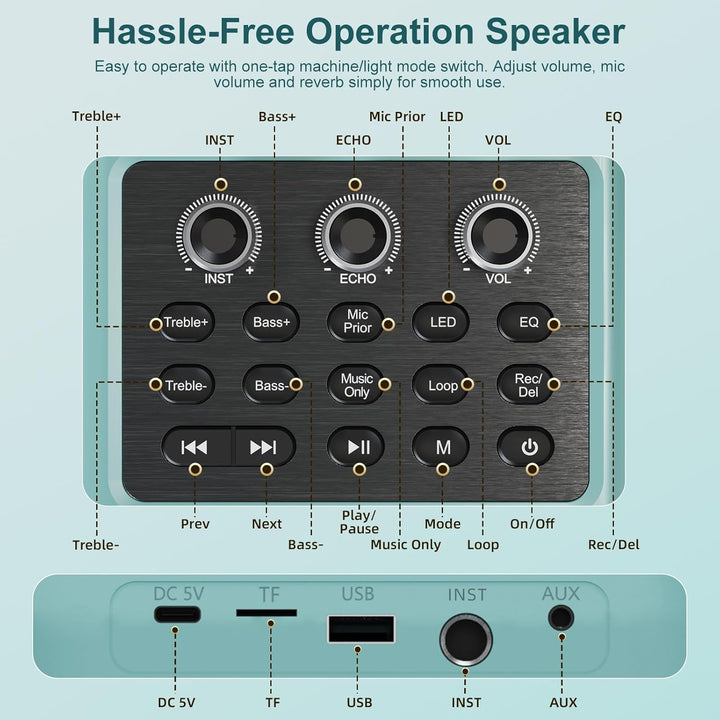 Karaoke-Anlage mit 2 drahtlosen Mikrofonen, tragbarer Bluetooth-Lautsprecher mit Mikrofon, kompakter