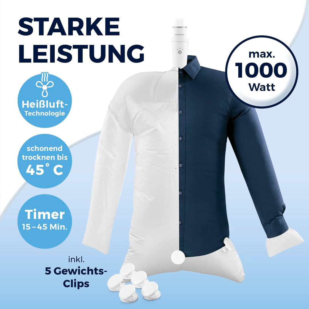 CLEANmaxx Hemdenbügler kompakt für Reisen | Trocknet und glättet Hemden & Blusen und ersetzt Bügelei