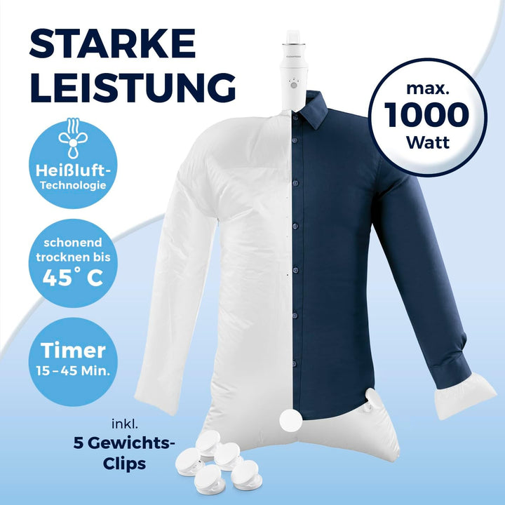 CLEANmaxx Hemdenbügler kompakt für Reisen | Trocknet und glättet Hemden & Blusen und ersetzt Bügelei